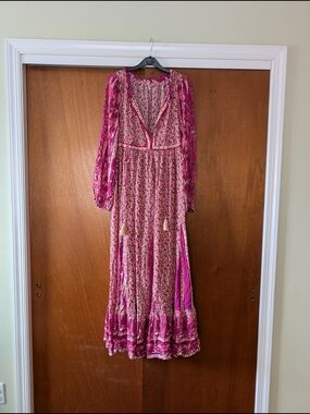 Free People Fuchsia Floral Boho Maxi Kaftan Tassle Dress